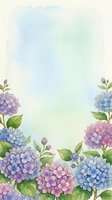 Watercolor hydrangea flowers frame with soft pastel background for spring wedding invitations, greeting cards and floral design projects.