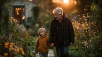 Grandfather and grandson walking together in autumn garden at sunset, family bonding time with warm golden light creating peaceful intergenerational moment.