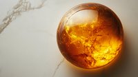Glowing amber sphere with natural inclusions on marble surface, creating mystical atmosphere for wellness and spiritual concepts.