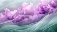 Ethereal purple petals floating on mint green waves create dreamy abstract composition with soft flowing lines and delicate translucent layers for artistic backgrounds.