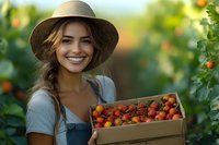 Young woman in straw hat and overalls holding box of freshly harvested strawberries in sunny garden, smiling at camera.