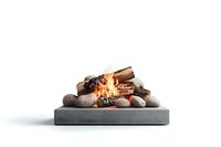 Minimalist decorative fireplace with burning logs on stone base, surrounded by smooth river rocks on white background.
