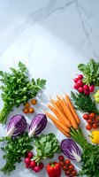 Fresh organic vegetables arranged on marble background with copy space for healthy cooking and nutrition concepts.