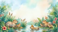 Capybaras and ducklings gather by water surrounded by tropical plants, flowers, and lush greenery in watercolor style illustration for children's books and nursery decor.