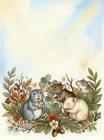 Watercolor illustration of cute mice among autumn leaves, berries, and flowers with copy space above for greeting cards and prints.