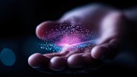 Magical glowing particles floating above open palm creating futuristic holographic effect with pink and blue light in dark atmosphere, digital transformation concept.