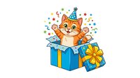 Cheerful orange tabby cat wearing party hat jumping out of blue gift box surrounded by confetti and stars, celebrating birthday or special occasion on white background.