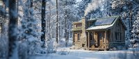 Rustic wooden cabin nestled in snowy forest clearing with frost-covered evergreen trees, ideal for winter holiday, real estate, and travel content.