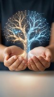 Hands holding glowing digital tree with golden and blue branches displaying network connections and data flow, representing knowledge, innovation, and technology integration.