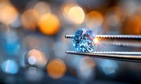 Sparkling blue diamond held in tweezers against blurred golden bokeh background, showcasing luxury jewelry craftsmanship and gemstone brilliance.