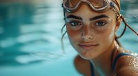Young athletic woman with freckles and swimming goggles in pool, wet skin glistening with water drops against turquoise background, close-up summer portrait.
