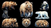 Watercolor bear clipart set with grizzly, panda, polar, and black bears isolated on transparent background. Great for t-shirts, stickers, print on demand, and sublimation.
