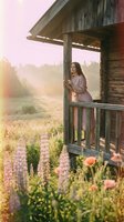 Woman in lavender dress standing on wooden cabin porch overlooking blooming wildflower field at golden hour sunrise, surrounded by purple lupines and pink flowers.