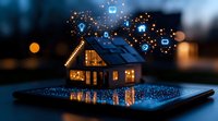 Digital smart home concept with glowing icons floating above miniature house on tablet screen, illuminated windows creating cozy atmosphere against dark background.