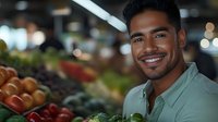 Young Hispanic man with bright smile shopping for fresh produce at local market, holding vegetables against blurred grocery store background with colorful fruits display.