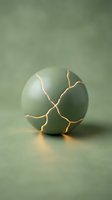 Sage green sphere with golden cracked lines creating abstract pattern, isolated on matching background for design projects and creative compositions.