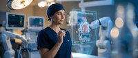 Female surgeon using holographic medical interface technology in modern operating room for advanced healthcare diagnostics and surgical planning procedures.