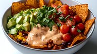 Mexican burrito bowl with seasoned ground beef, fresh avocado, corn, black beans, pico de gallo, cilantro and creamy chipotle sauce served with tortilla chips.