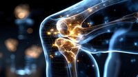 Glowing anatomical visualization of human shoulder joint with neural connections and pain points highlighted against dark background with bokeh effect.