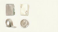 Neutral beige stationery collection with notebook, cards, washi tape and twine for branding and craft projects on cream background.