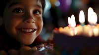 Young smiling child looking at glowing birthday cake candles in dark room with colorful bokeh lights, capturing pure joy and excitement during celebration moment.