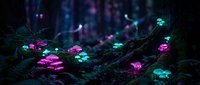 Glowing bioluminescent mushrooms in dark enchanted forest with magical pink and turquoise lights creating mystical fairy tale atmosphere for fantasy designs.