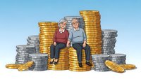Senior couple sitting on stacks of gold and silver coins representing retirement savings, pension planning and financial security for elderly people.