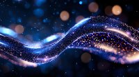 Magical glowing waves of blue and pink sparkles flow through dark space with bokeh light effects, creating an ethereal cosmic abstract background.