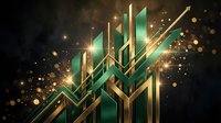 Abstract upward trending financial chart with green and gold geometric bars and glowing particles on dark background, representing business growth, investment success, and market performance.