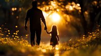 Silhouette of father and daughter holding hands while walking through meadow at golden sunset, backlit by warm sunlight with bokeh effect and wildflowers in foreground.