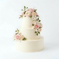 Three-tiered wedding cake with cream fondant frosting, pearl piping details, and cascading fresh roses in blush and champagne tones with greenery accents.