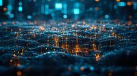 Futuristic digital landscape with glowing blue and orange network connections on dark background creating abstract technological terrain pattern.