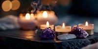 Relaxing spa atmosphere with burning candles and amethyst crystals creating peaceful ambiance for meditation and wellness rituals at home.
