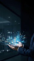 Businessman holding holographic data visualization with charts and graphs floating above palm in modern office environment for digital transformation concepts.