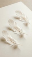 Three delicate white feathers arranged on neutral beige background creating soft shadows. Minimalist natural composition for wellness, spa, meditation concepts.