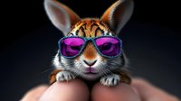 Cool tiger cub wearing purple sunglasses resting on fingertips against dark background, creating playful and humorous mood for creative advertising concepts.