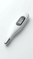 Digital thermometer with white and silver design displaying 36.5 degrees on black screen, isolated on white background for healthcare, medical, and wellness design projects.