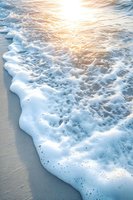 Gentle ocean waves washing onto sandy beach shore with golden sunlight creating peaceful coastal scene for relaxation and vacation themes.
