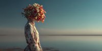 Woman with floral crown standing by calm water at sunset, surreal artistic portrait with dreamy atmosphere for creative projects and fantasy concepts.
