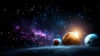 Cosmic landscape with planets aligned against vibrant nebula and starry space background, glowing sun rising behind celestial bodies in deep universe.