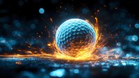 Glowing golf ball with fiery energy effects and sparks on dark background for sports and recreation designs.