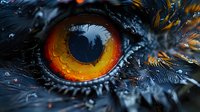 Extreme macro shot of bird eye with vibrant orange iris and detailed feather texture surrounding, captured in dramatic lighting with water droplets.