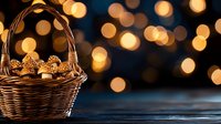 Woven basket with golden decorations against blurred bokeh lights background creating magical holiday atmosphere on dark wooden surface.