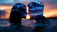 Double exposure silhouette of romantic couple kissing at sunset, blending with ocean waves and dramatic sky in blue and orange tones. Creative portrait photography.