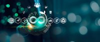 Digital technology concept with hand presenting circular interface icons on dark blue bokeh background for business innovation and connectivity solutions.