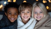 Diverse group of happy children smiling together with bokeh lights in background, representing friendship, unity and joy in childhood. Natural authentic expressions.