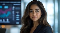 Professional businesswoman with long wavy hair in modern office environment with financial data displays and technology screens in background.