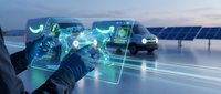 Smart car connectivity dashboard with holographic interface displaying vehicle diagnostics and navigation data for autonomous driving technology.