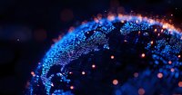 Glowing digital world map sphere with blue particles and orange light effects on dark background, representing global network connections.