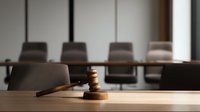 Wooden judge gavel on desk in empty courtroom with leather chairs and conference table, symbolizing legal proceedings and justice system.